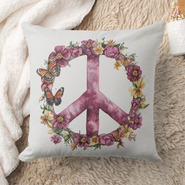 Boho Hippy 60s 70s Peace Sign Throw Pillow (Blanket)