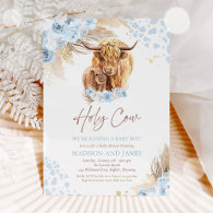 Boho Holy Cow Blue Pampas Grass Boy Baby Shower Invitation