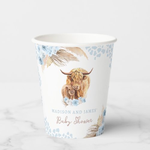 Boho Holy Cow Blue Pampas Grass Boy Baby Shower Paper Cups