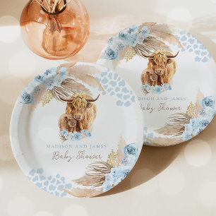 Boho Holy Cow Blue Pampas Grass Boy Baby Shower Paper Plates