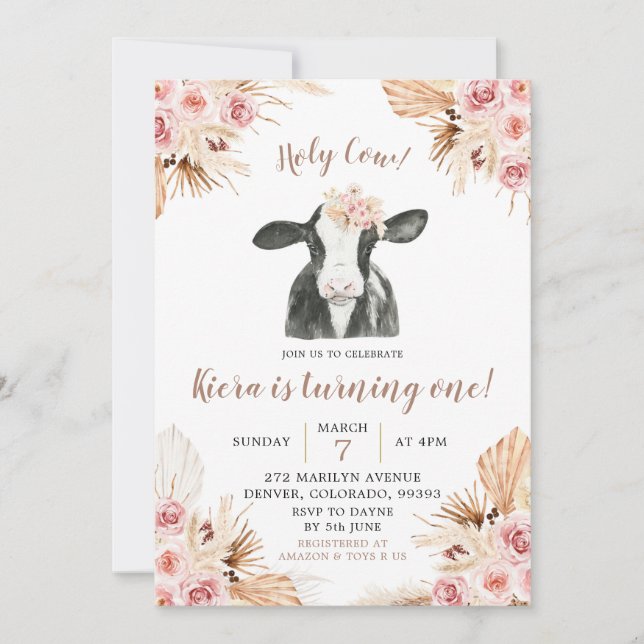 Boho Holy Cow Girl Birthday Invitation (Front)
