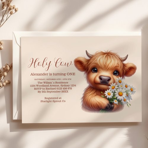 Boho Holy Cow Highland Cow 1st Birthday Invitation