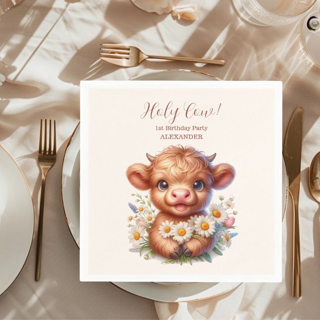 Boho Holy Cow Highland Cow 1st Birthday Napkins (Creator Uploaded)