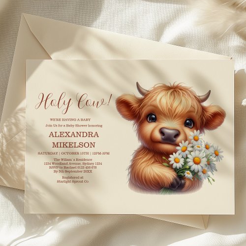 Boho Holy Cow Highland Cow Baby Shower Invitation