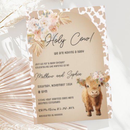 Boho Holy Cow Highland Cow Baby Shower Invitation