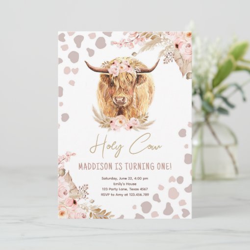 Boho Holy Cow Highland Pampas 1st First Birthday Invitation | Zazzle