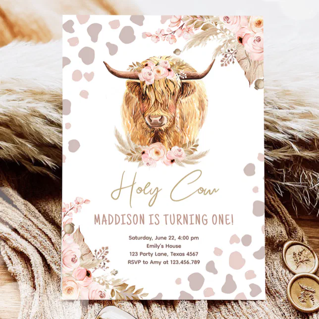 Boho Holy Cow Highland Pampas 1st First Birthday Invitation | Zazzle