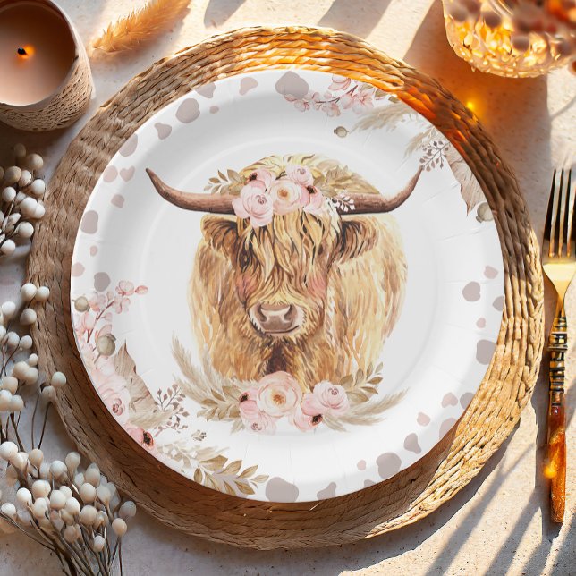 Boho Holy Cow Highland Pampas 1st First Birthday   Paper Plates (Creator Uploaded)