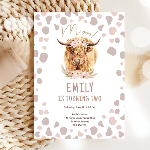 Boho Holy Cow Highland Pampas Farm Girl Birthday Invitation