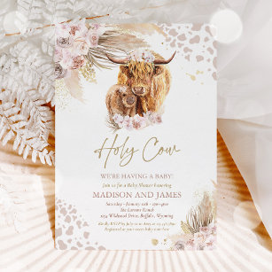 Boho Holy Cow Pink Pampas Grass Baby Shower Invitation