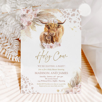 Boho Holy Cow Pink Pampas Grass Baby Shower Invitation by PixelPerfectionParty at Zazzle