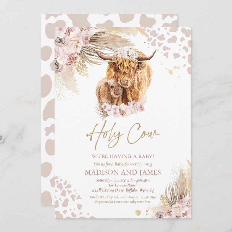 Boho Holy Cow Pink Pampas Grass Baby Shower Invitation