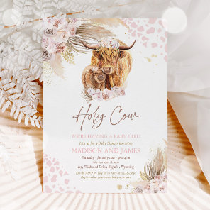 Boho Holy Cow Pink Pampas Grass Girl Baby Shower Invitation
