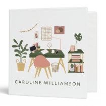 Boho Home Desk Scene in Green and Pink Business  3 Ring Binder