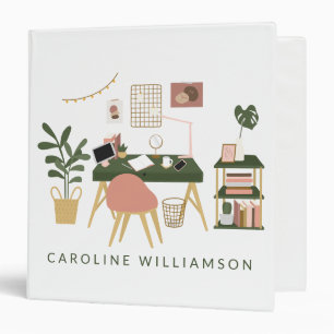 Boho Home Desk Scene in Green and Pink Business  3 Ring Binder