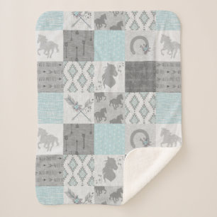BoHo Horse Sherpa Blanket - Aqua/Grey