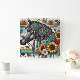 Boho Horse Sunflower Square Wall Clock