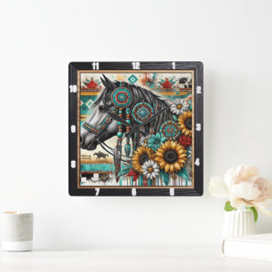 Boho Horse Sunflower Square Wall Clock
