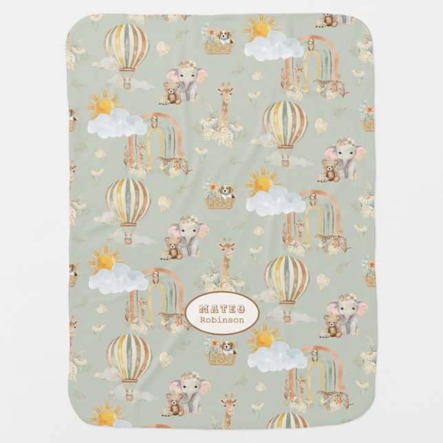 BOHO Hot Air Balloon Giraffe Leopard Elephant Baby Blanket (Front)