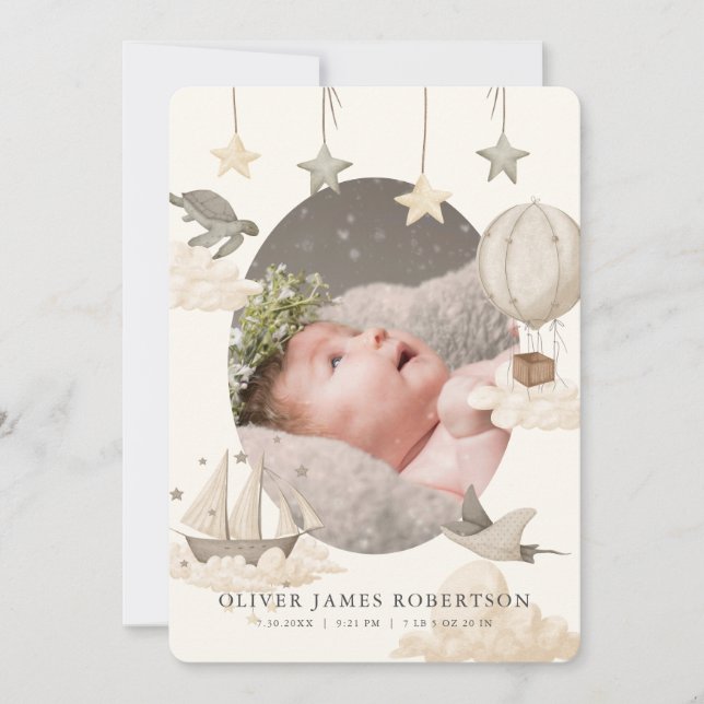 Boho Hot Air Balloon Sky Birth Announcement (Front)