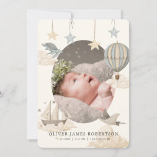 Boho Hot Air Balloon Sky Boy Birth Announcement