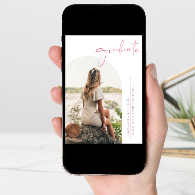 Boho Hot Pink Minimalist Arch Photo Graduation Announcement (Front Digital)