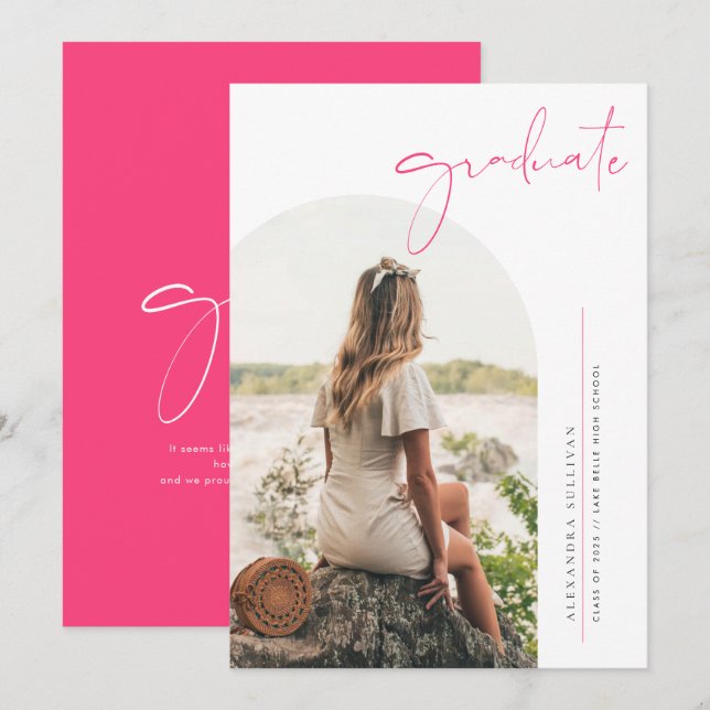 Boho Hot Pink Minimalist Arch Photo Graduation Announcement (Front/Back)