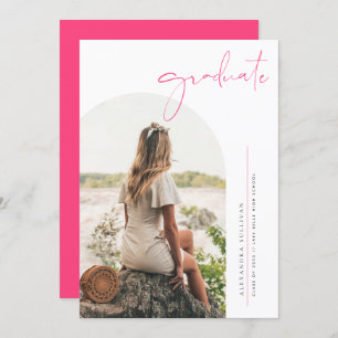 Boho Hot Pink Minimalist Arch Photo Graduation Invitation