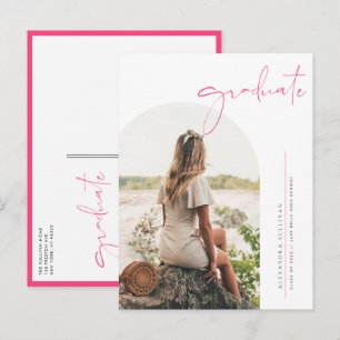 Boho Hot Pink Minimalist Arch Photo Graduation Invitation Postcard