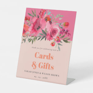 Boho Hot Pink Orange Floral Gift & Cards Party Pedestal Sign