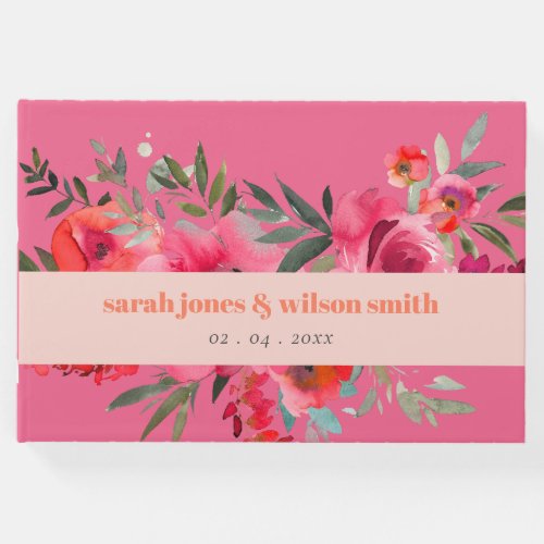 Boho Hot Pink Orange Floral Watercolor Wedding Guest Book