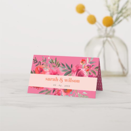 Boho Hot Pink Orange Floral Watercolor Wedding Place Card