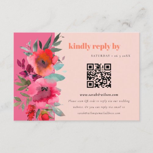Boho Hot Pink Orange Floral Wedding QR Coding RSVP Enclosure Card