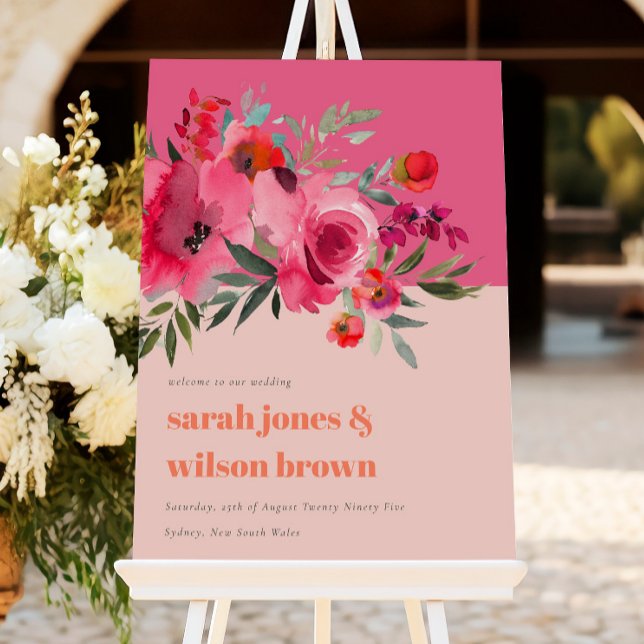 Boho Hot Pink Orange Floral Wedding Welcome Foam Board (Creator Uploaded)
