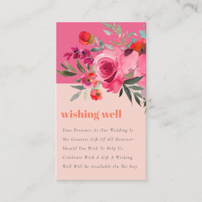 Boho Hot Pink Orange Floral Wedding Wishing Well Enclosure Card (Front)