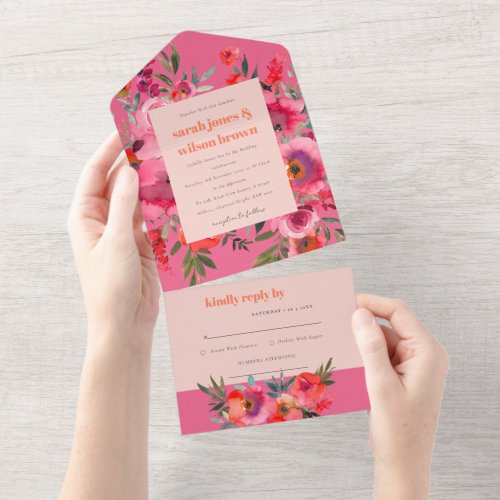 Boho Hot Pink Orange Watercolor Floral Wedding All In One Invitation