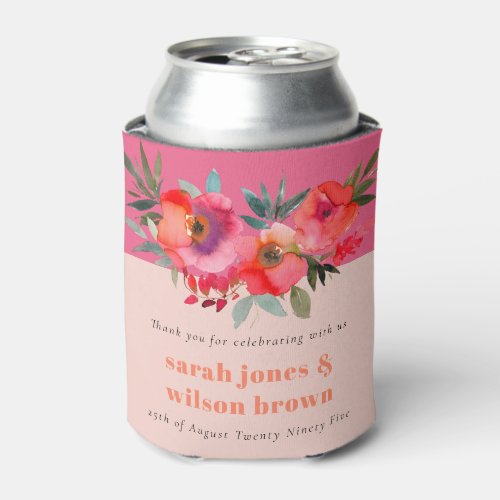 Boho Hot Pink Orange Watercolor Floral Wedding Can Cooler