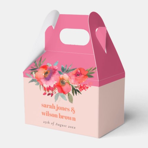 Boho Hot Pink Orange Watercolor Floral Wedding Favor Boxes