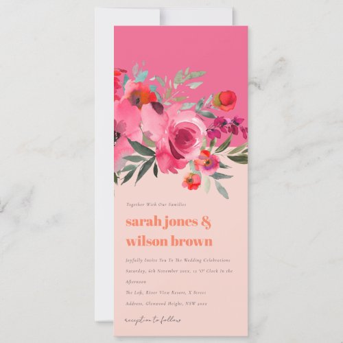 Boho Hot Pink Orange Watercolor Floral Wedding Invitation