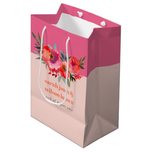 Boho Hot Pink Orange Watercolor Floral Wedding Medium Gift Bag