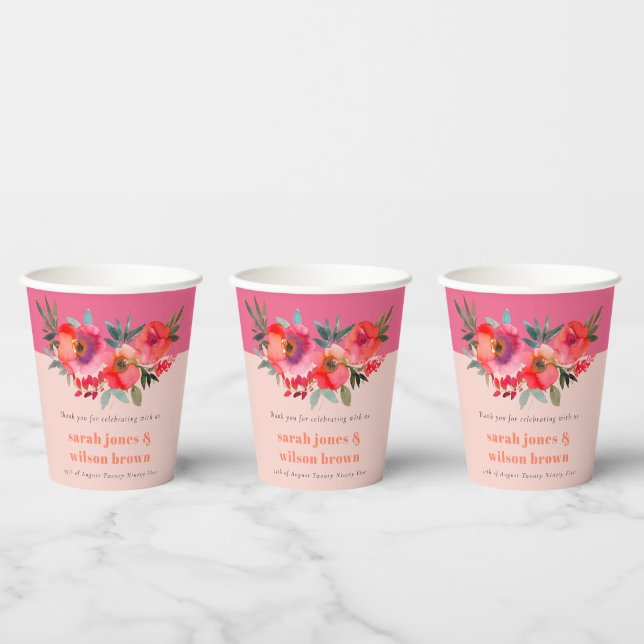 Boho Hot Pink Orange Watercolor Floral Wedding Paper Cups (Multi)