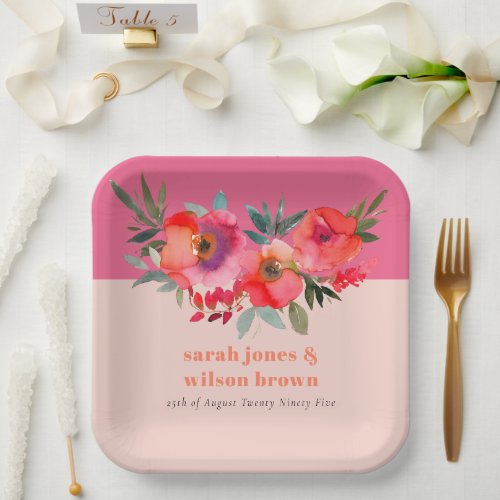 Boho Hot Pink Orange Watercolor Floral Wedding Paper Plates