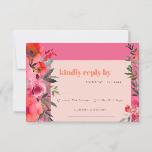 Boho Hot Pink Orange Watercolor Floral Wedding RSVP Card