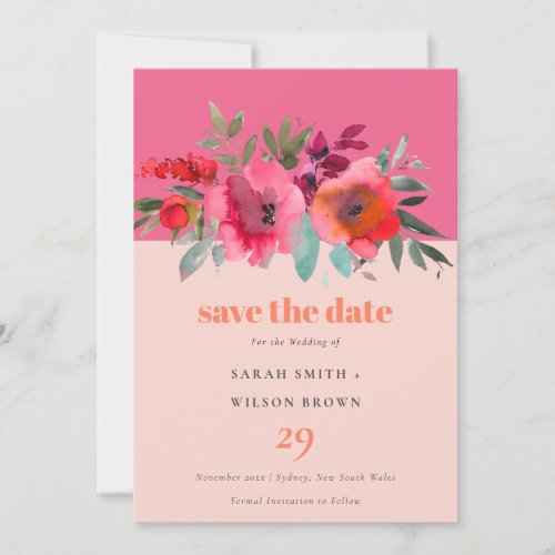 Boho Hot Pink Orange Watercolor Floral Wedding Save The Date