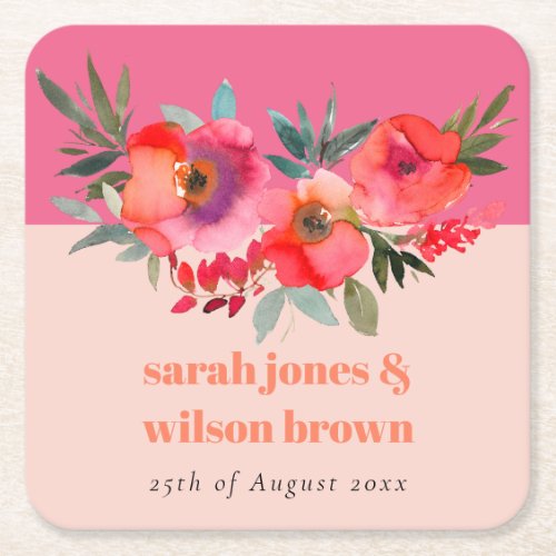 Boho Hot Pink Orange Watercolor Floral Wedding Square Paper Coaster