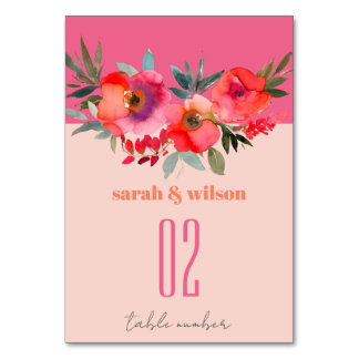 Boho Hot Pink Orange Watercolor Floral Wedding Table Number