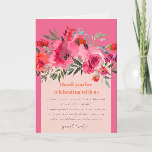 Boho Hot Pink Orange Watercolor Floral Wedding Thank You Card