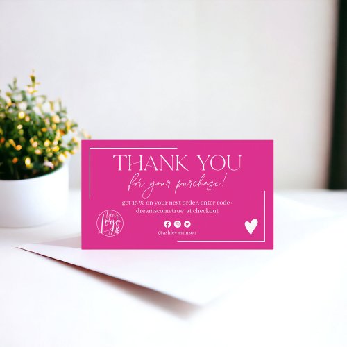 Boho hot pink script order thank you business card