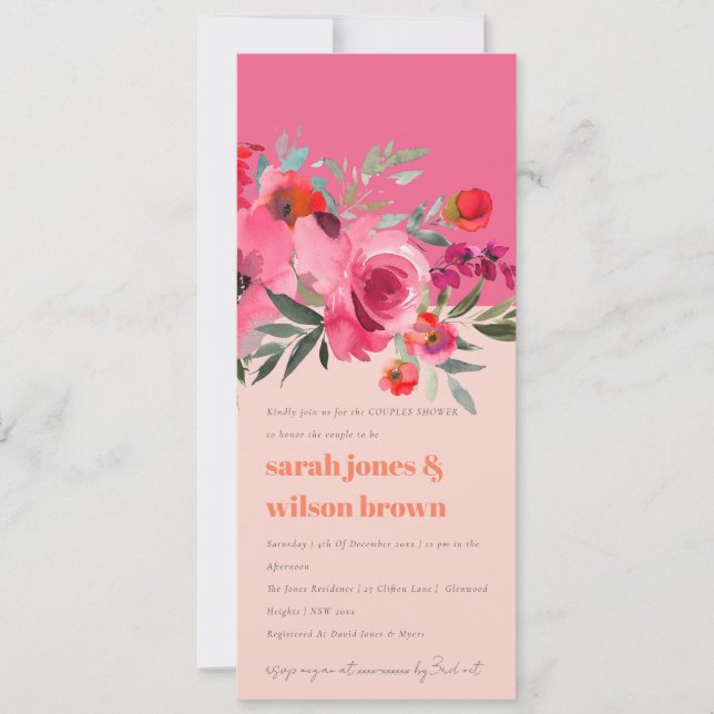 Boho Hot Pink Watercolor Floral Couples Shower Invitation (Front)