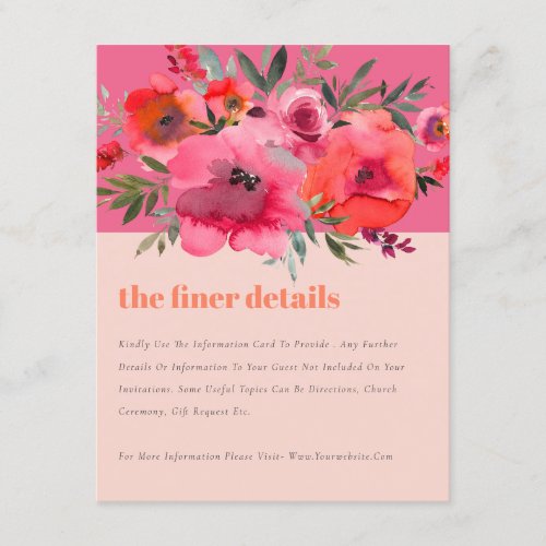 Boho Hot Pink Watercolor Floral Wedding Details Enclosure Card